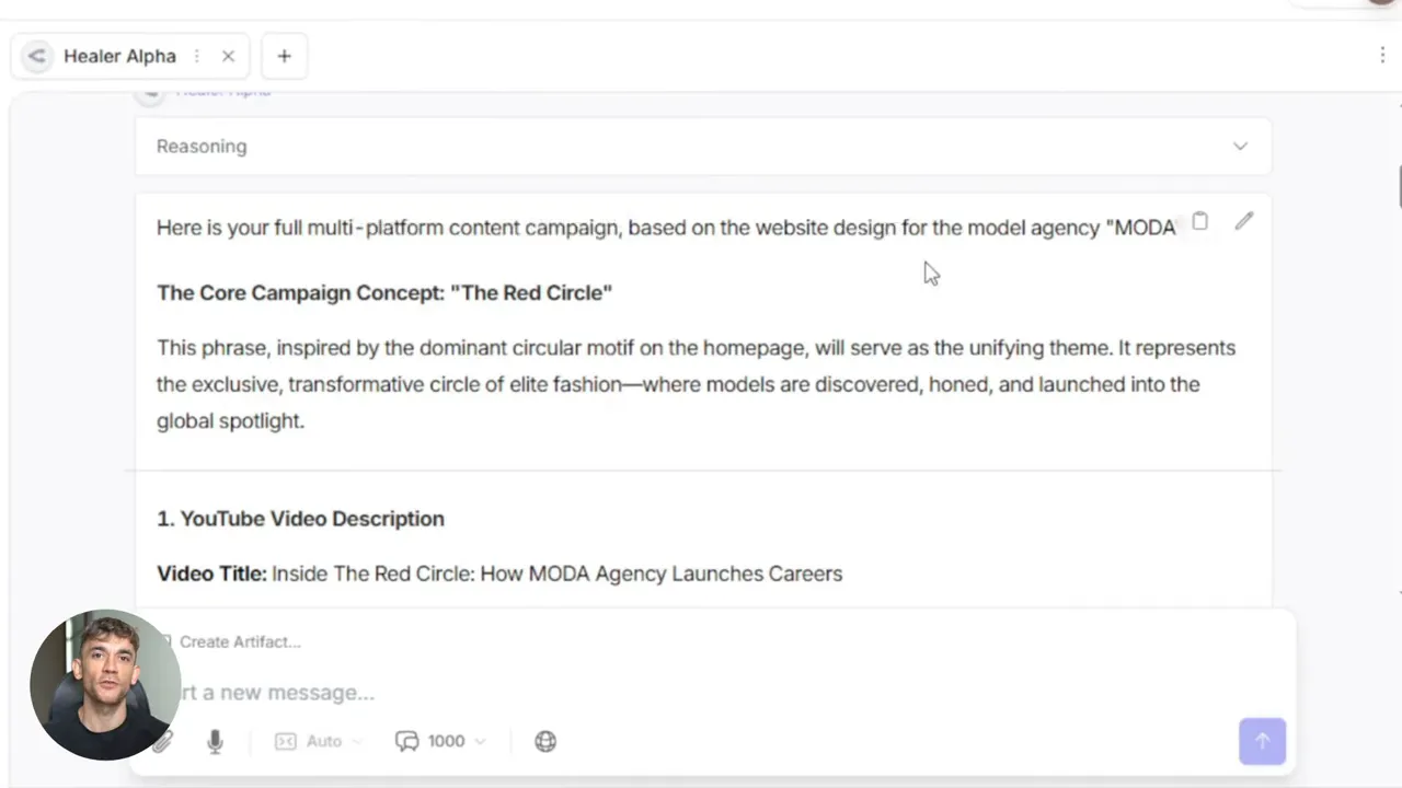Healer Alpha UI showing a multi-platform content campaign output titled 'The Core Campaign Concept: