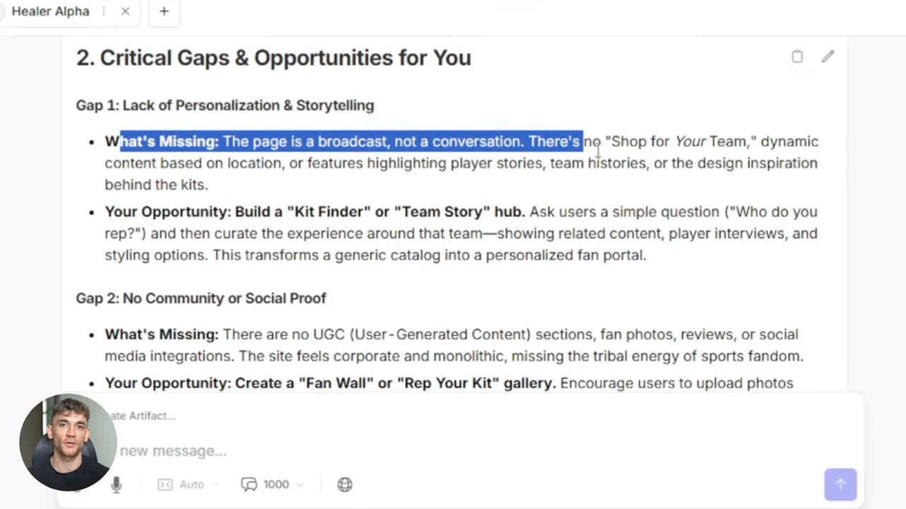 clear screenshot of '2. Critical Gaps & Opportunities for You' section with highlighted text and presenter thumbnail