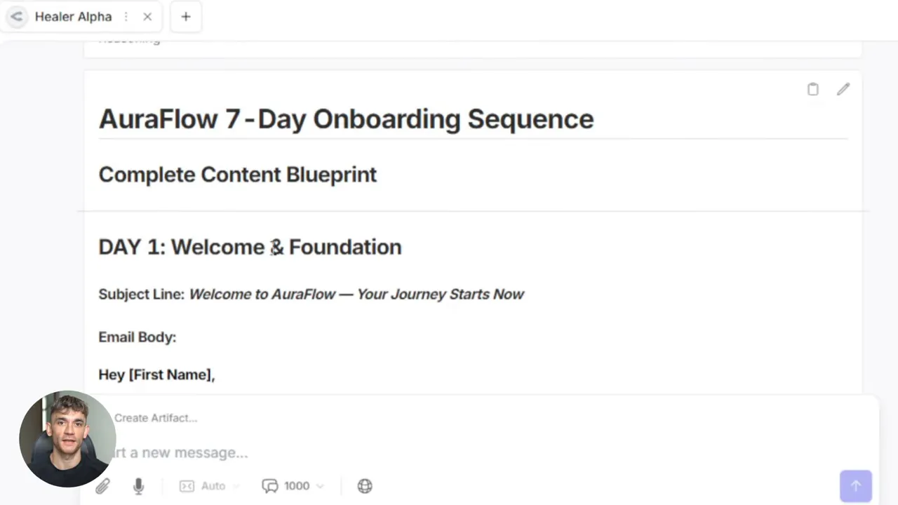 Document titled 'AuraFlow 7-Day Onboarding Sequence' showing the complete content blueprint and DAY 1 heading