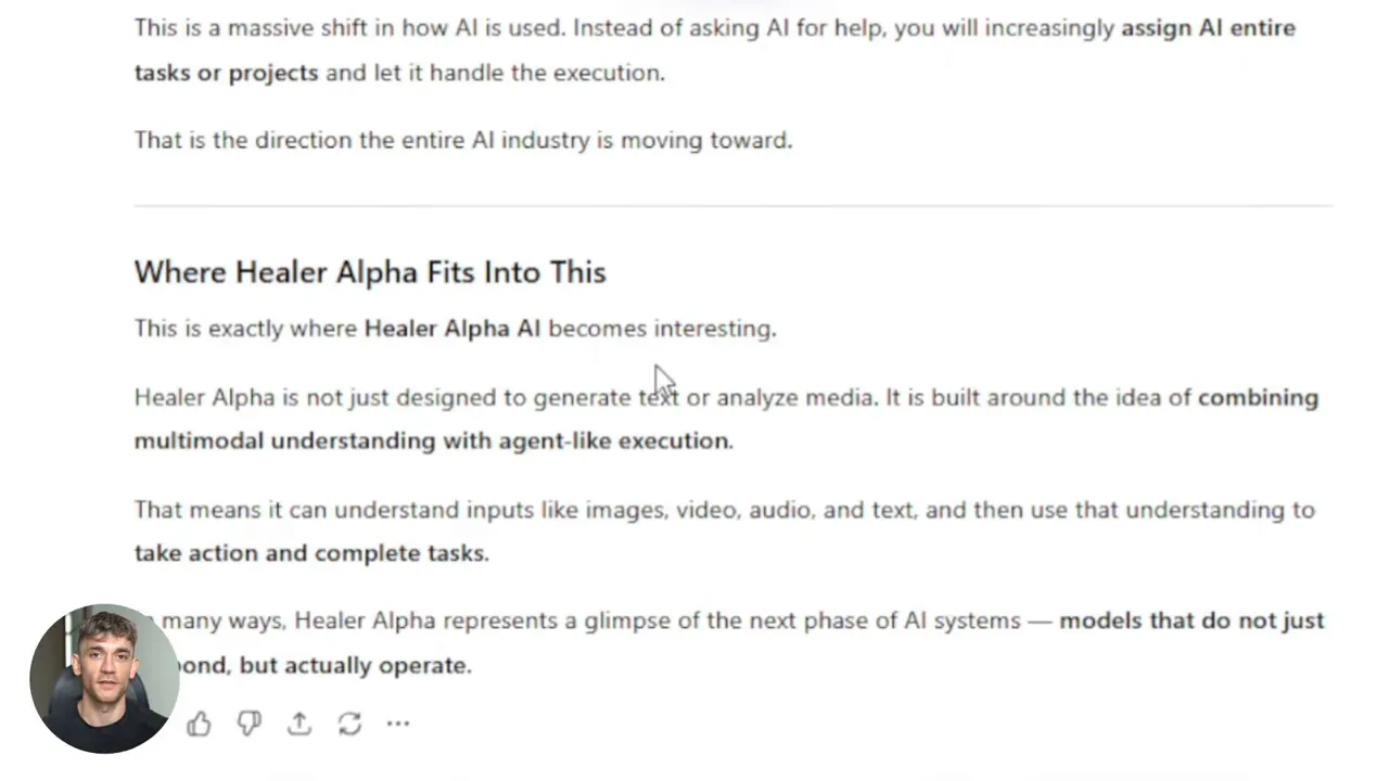 Screenshot showing heading 'Where Healer Alpha Fits Into This' and a description of combining multimodal understanding with agent-like execution