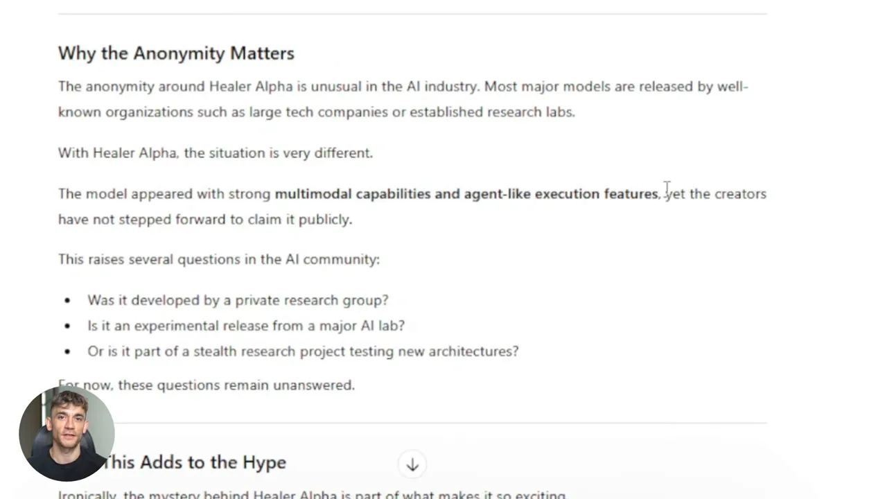 Clear screenshot of 'Why the Anonymity Matters' section listing questions about who developed Healer Alpha and its origins