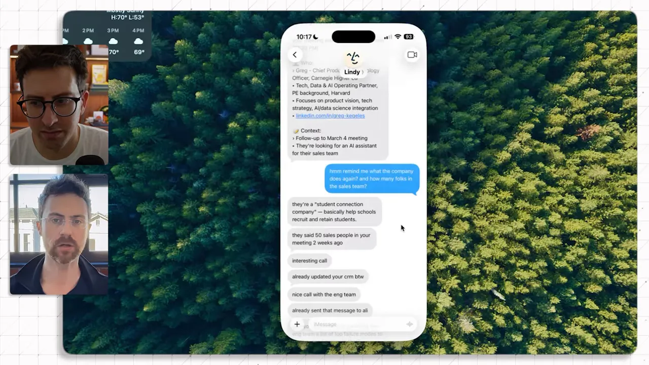 หน้าจอ iMessage แสดง Lindy สรุปบริบทและข้อเสนอแนะก่อนเข้าประชุม