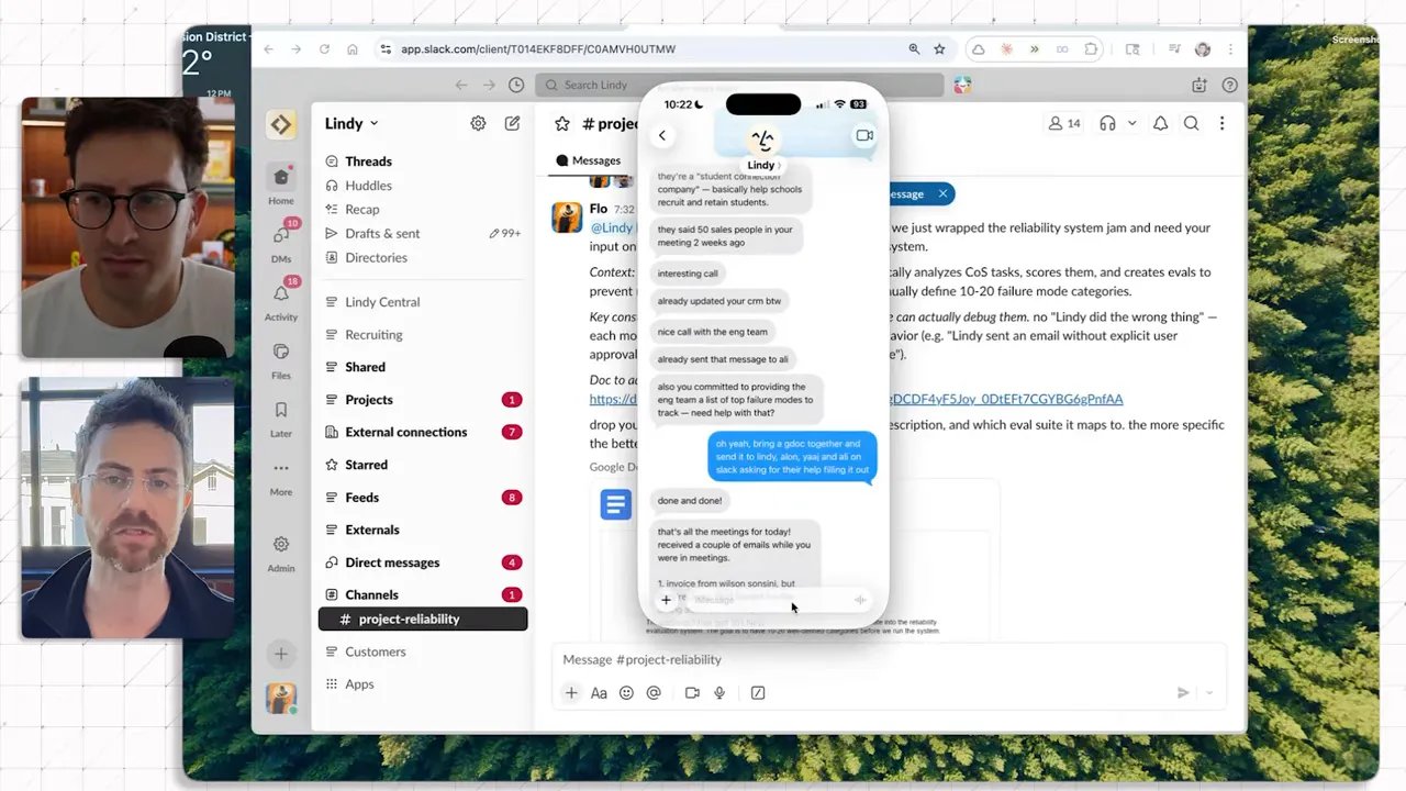 หน้าจอ Slack ที่แสดง Lindy รวบรวมข้อความและทำงานต่อในแชตสำหรับการติดตามกับทีม
