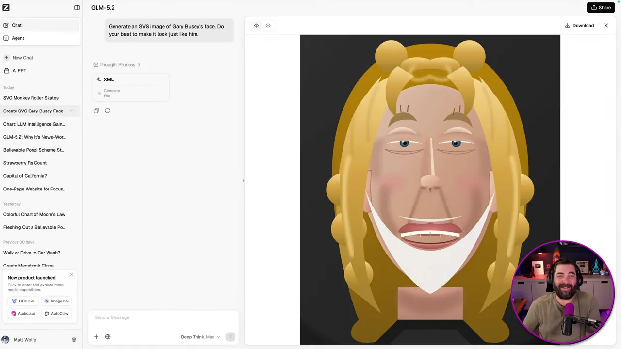 หน้า GLM-5.2 แสดงภาพใบหน้าที่สร้างด้วย SVG ในหน้าต่างพรีวิวผลลัพธ์