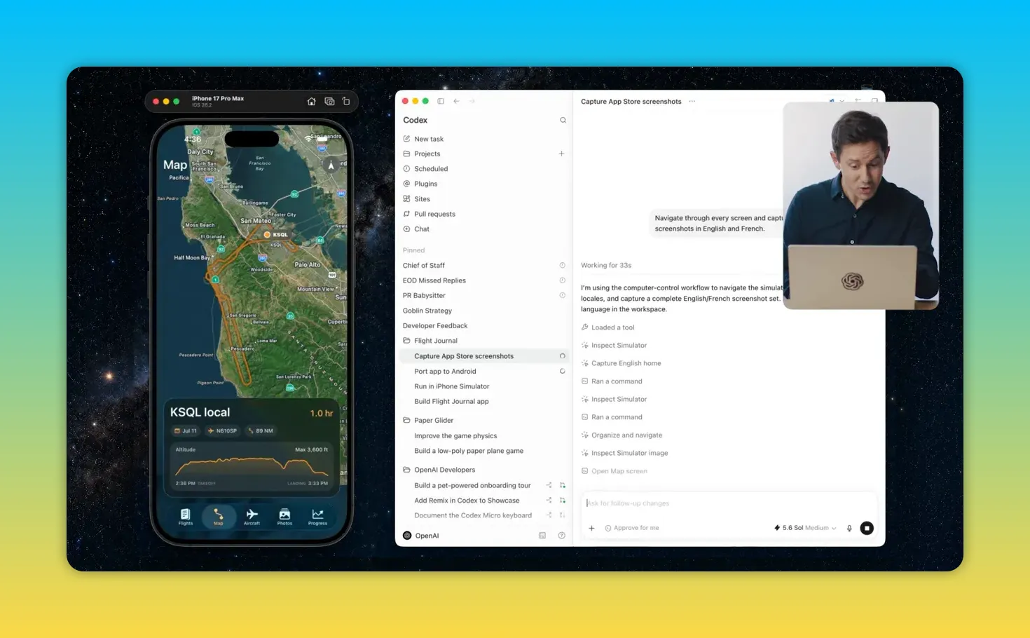 หน้าจอ iPhone simulator แสดงแอป Flight Journal พร้อมหน้าต่าง Codex