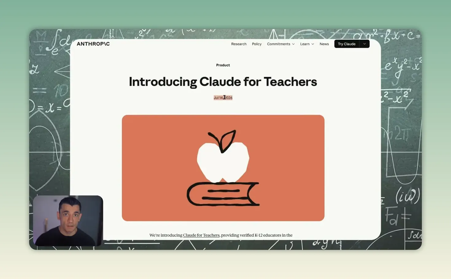 หน้าเว็บ Introducing Claude for Teachers พร้อมภาพแอปเปิลบนหนังสือ