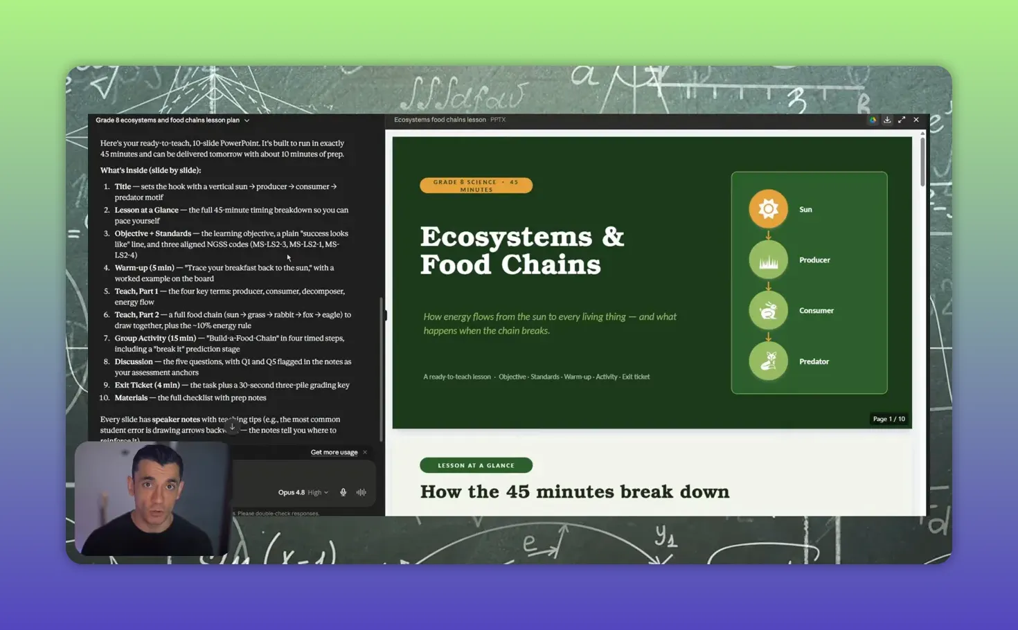 หน้าเอกสารบทเรียนสีเขียวหัวข้อ Ecosystems and Food Chains