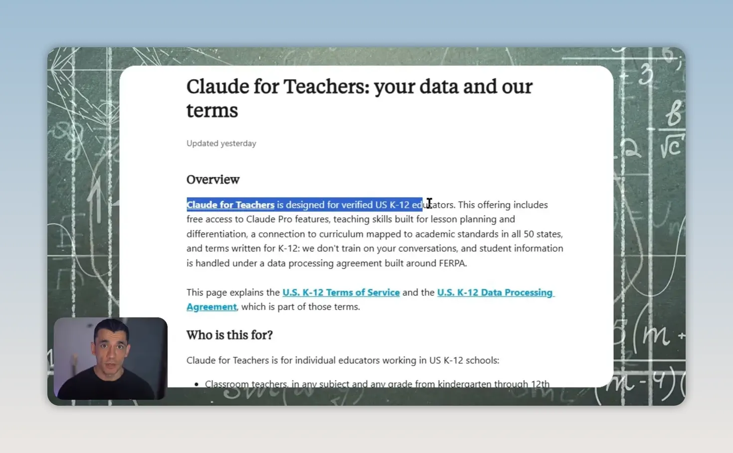 เอกสาร Claude for Teachers your data and our terms พร้อมหัวข้อ Overview