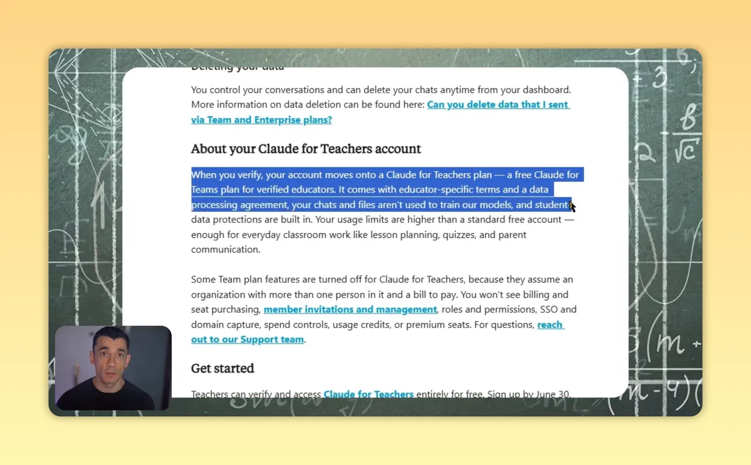 หน้าเงื่อนไข Claude for Teachers หัวข้อ About your Claude for Teachers account ในคลิป