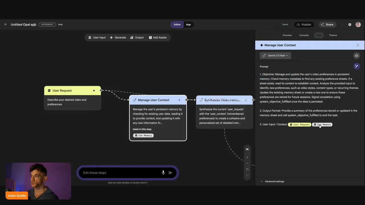 Manage User Context showing 'Use Memory' tag indicating persistent memory