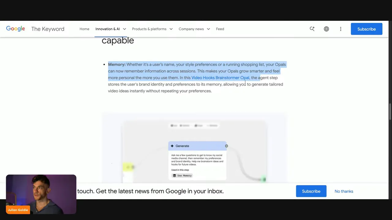 Clear screenshot of the Opal article showing the 'Memory' paragraph and the Generate flow card illustrating routing