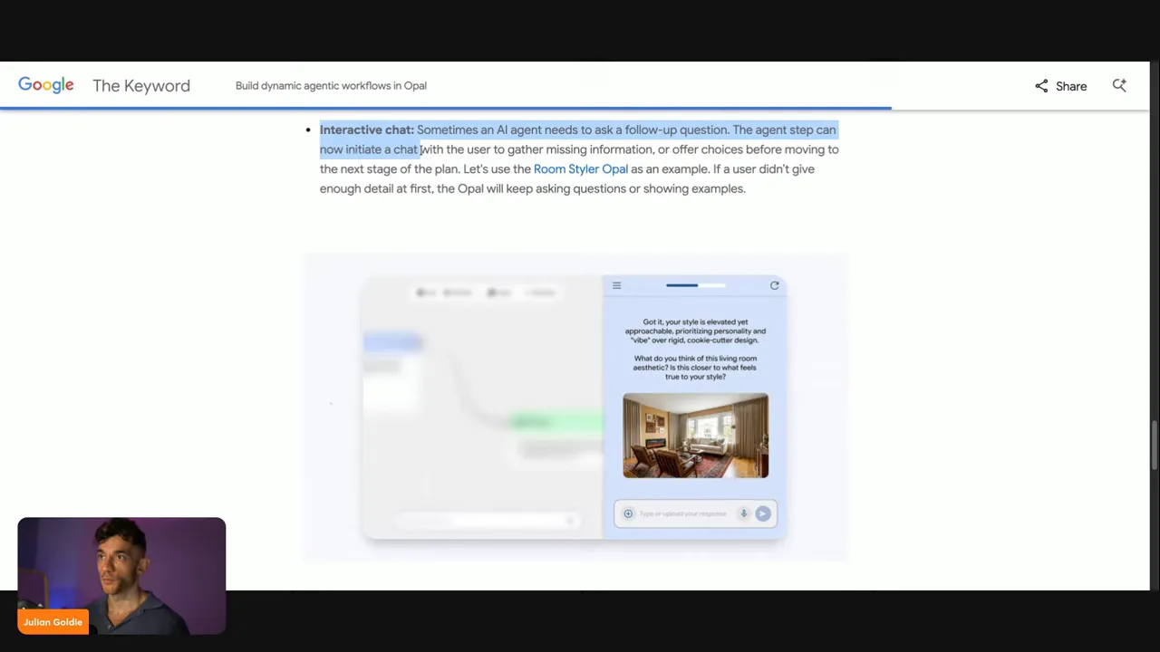 Clear screenshot of Google Opal interactive chat section with highlighted phrase and visible chat UI card showing an image example