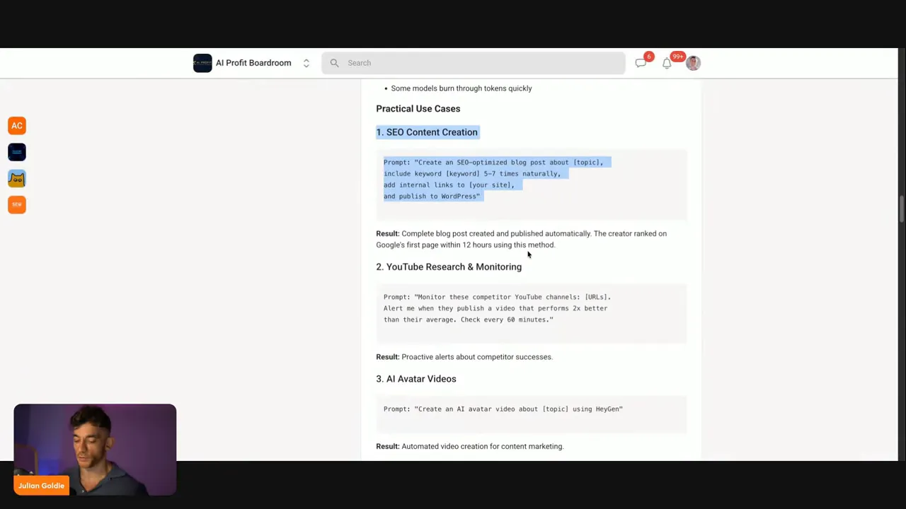 Highlighted prompt for SEO Content Creation in a document, showing instructions to create and publish an SEO-optimized blog post