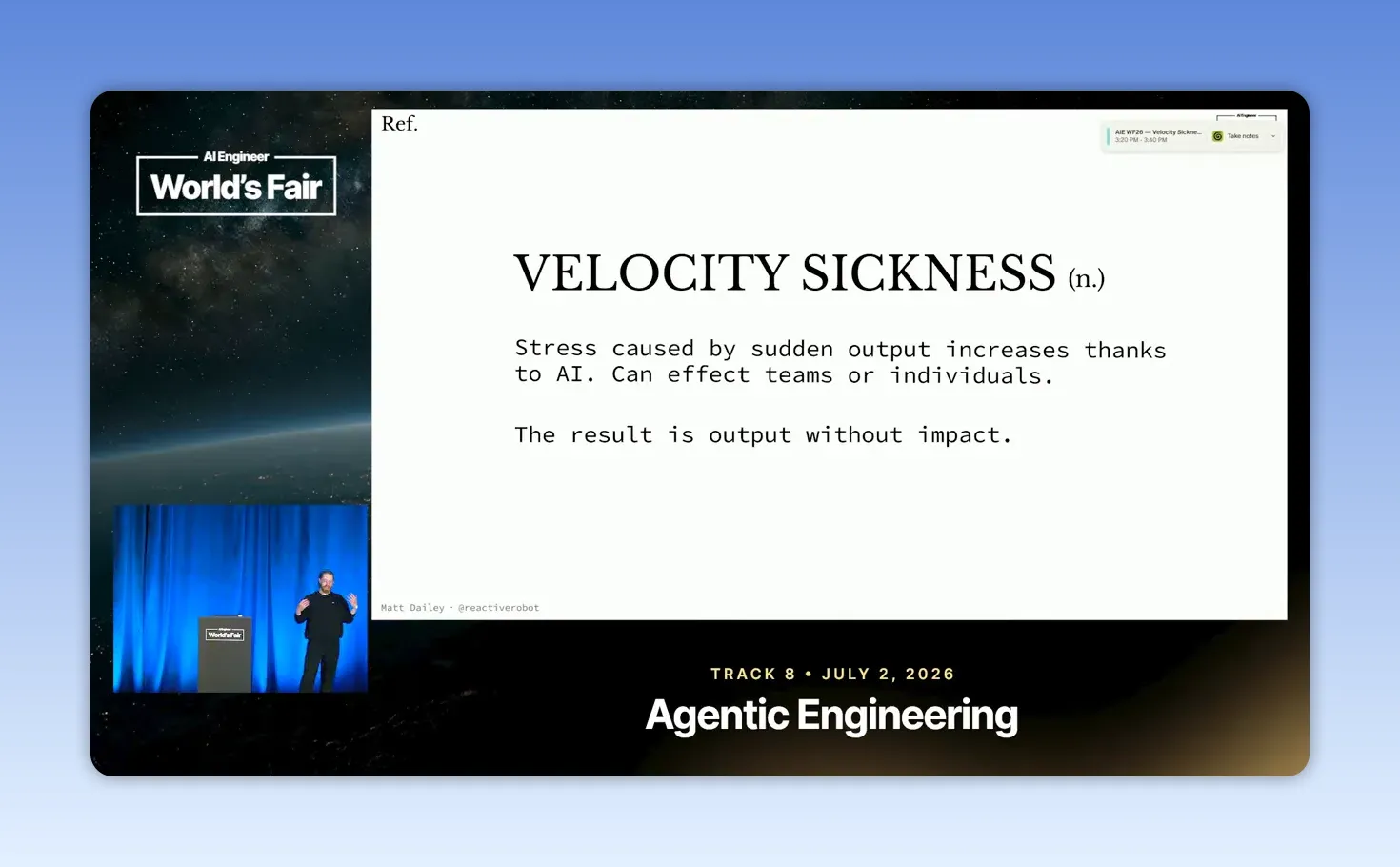 สไลด์หัวข้อ Velocity Sickness อธิบายความเครียดจาก output ที่เพิ่มขึ้นด้วย AI