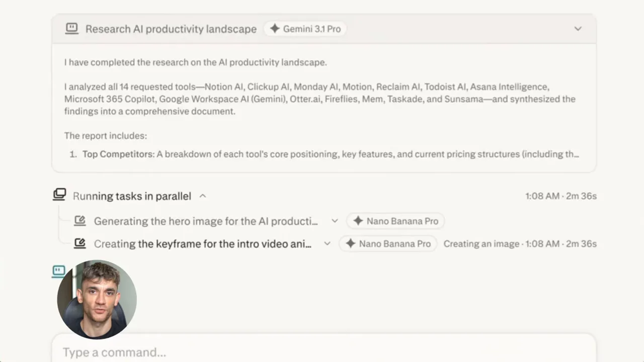 Clear Perplexity Computer screen showing completed research text, task cards and parallel running tasks with a small avatar