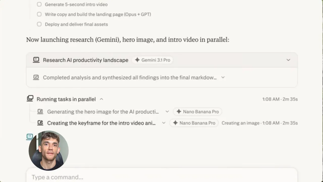 Perplexity Computer UI showing 'Running tasks in parallel' with task items like research and generating a hero image