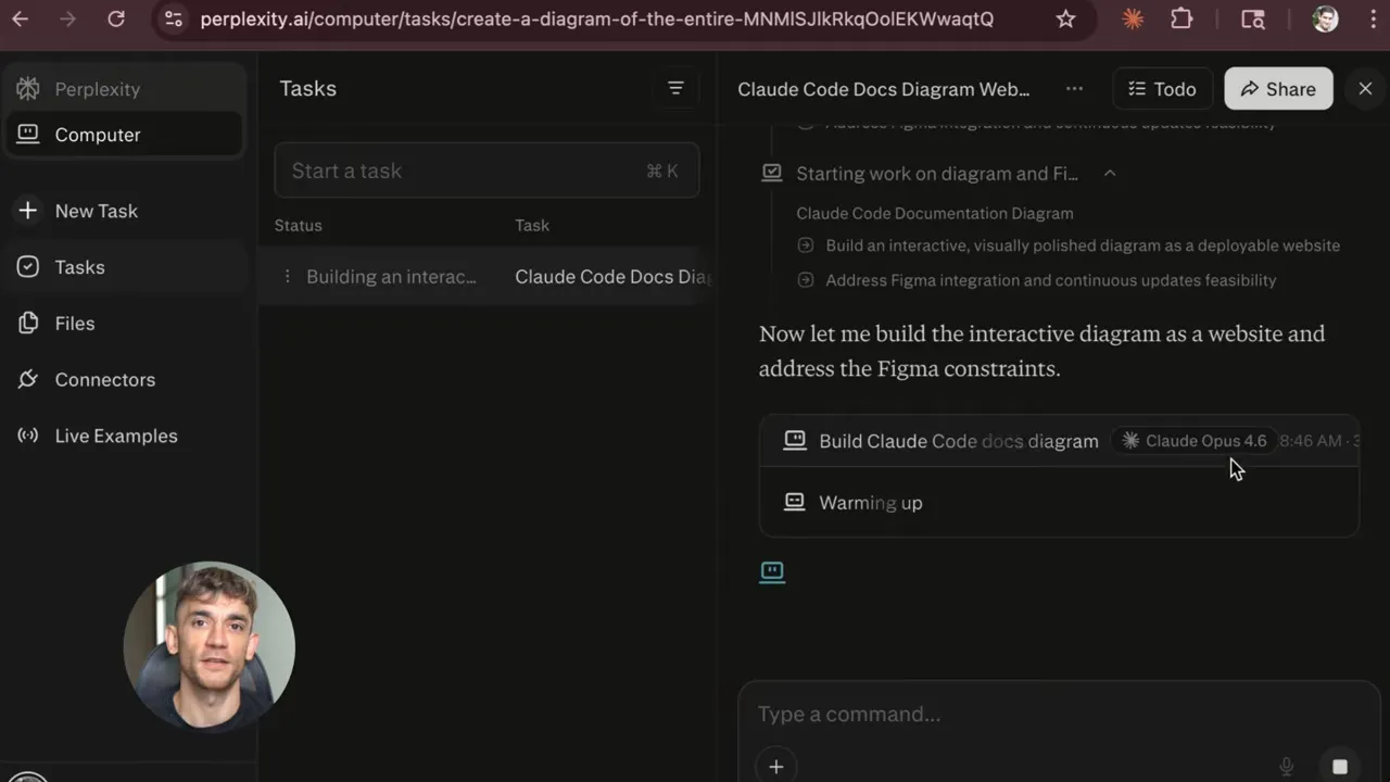 Perplexity Computer interface showing a 'Build Claude Code docs diagram' task with Claude Opus tag