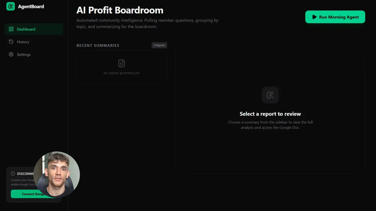 AI Profit Boardroom dashboard with 'Run Morning Agent' button and interface to select a report