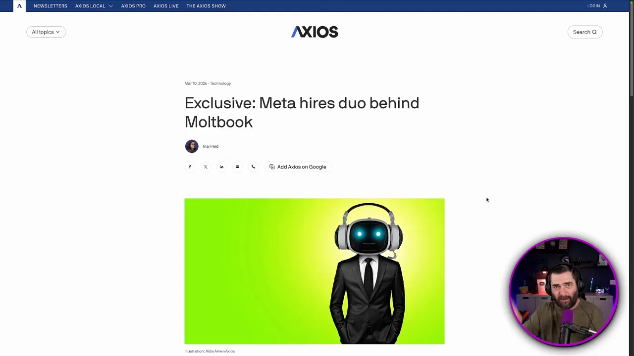 หน้าเว็บ Axios แสดงหัวข้อข่าวเกี่ยวกับ Meta และ Moltbook พร้อมภาพประกอบหุ่นยนต์บนพื้นสีเขียวและวงกลมแสดงผู้บรรยายในมุมขวาล่าง