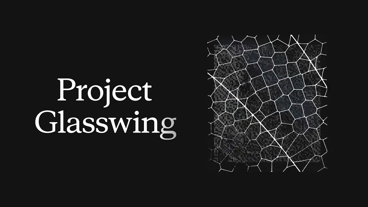 ข้อความ Project Glasswing พร้อมลวดลายเส้นแบ่งพื้นที่บนพื้นดำ