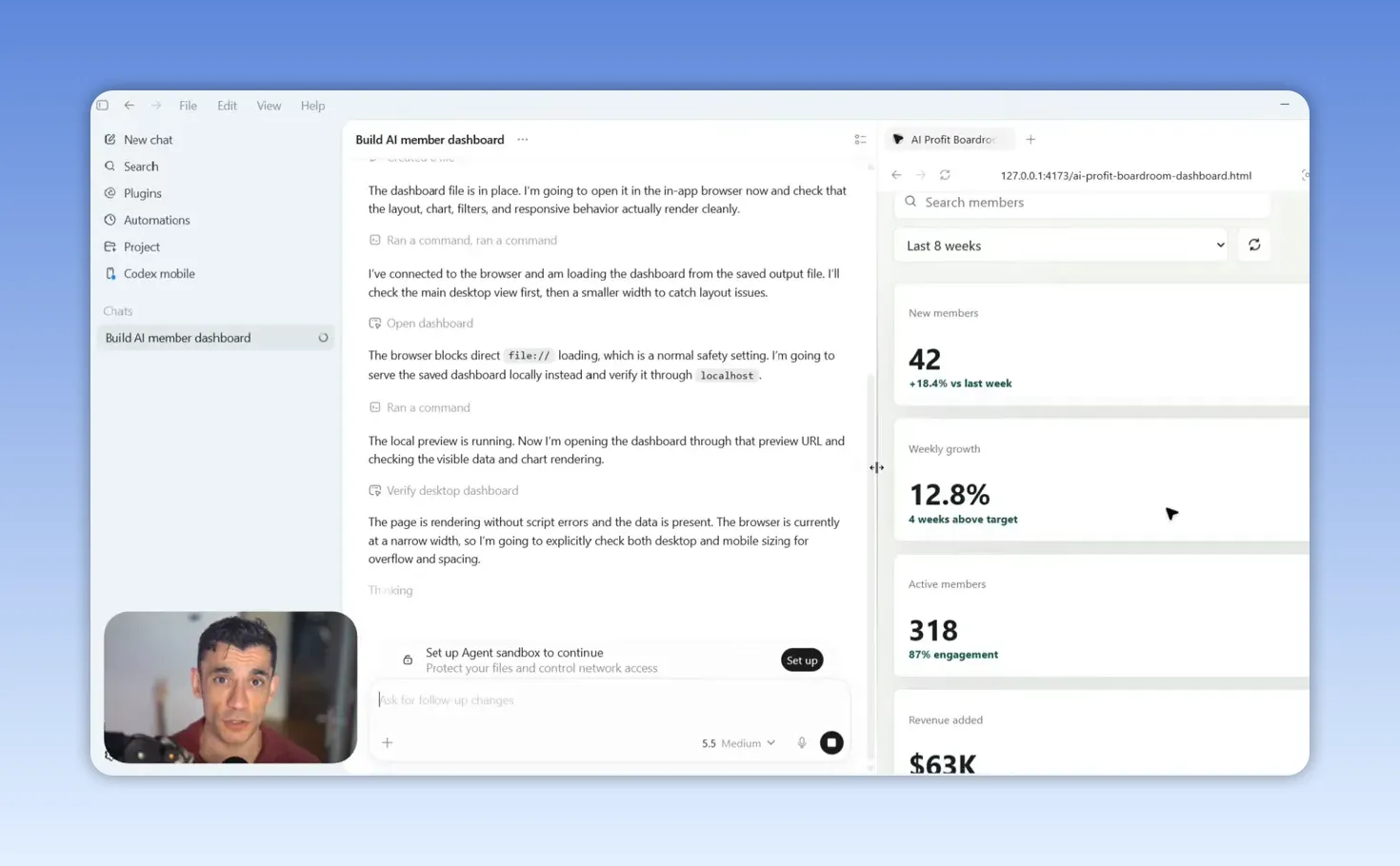 หน้าจอ Codex และพรีวิว AI Profit Boardroom แสดงการ์ดสมาชิกใหม่ การเติบโตรายสัปดาห์ และสมาชิกที่ใช้งาน