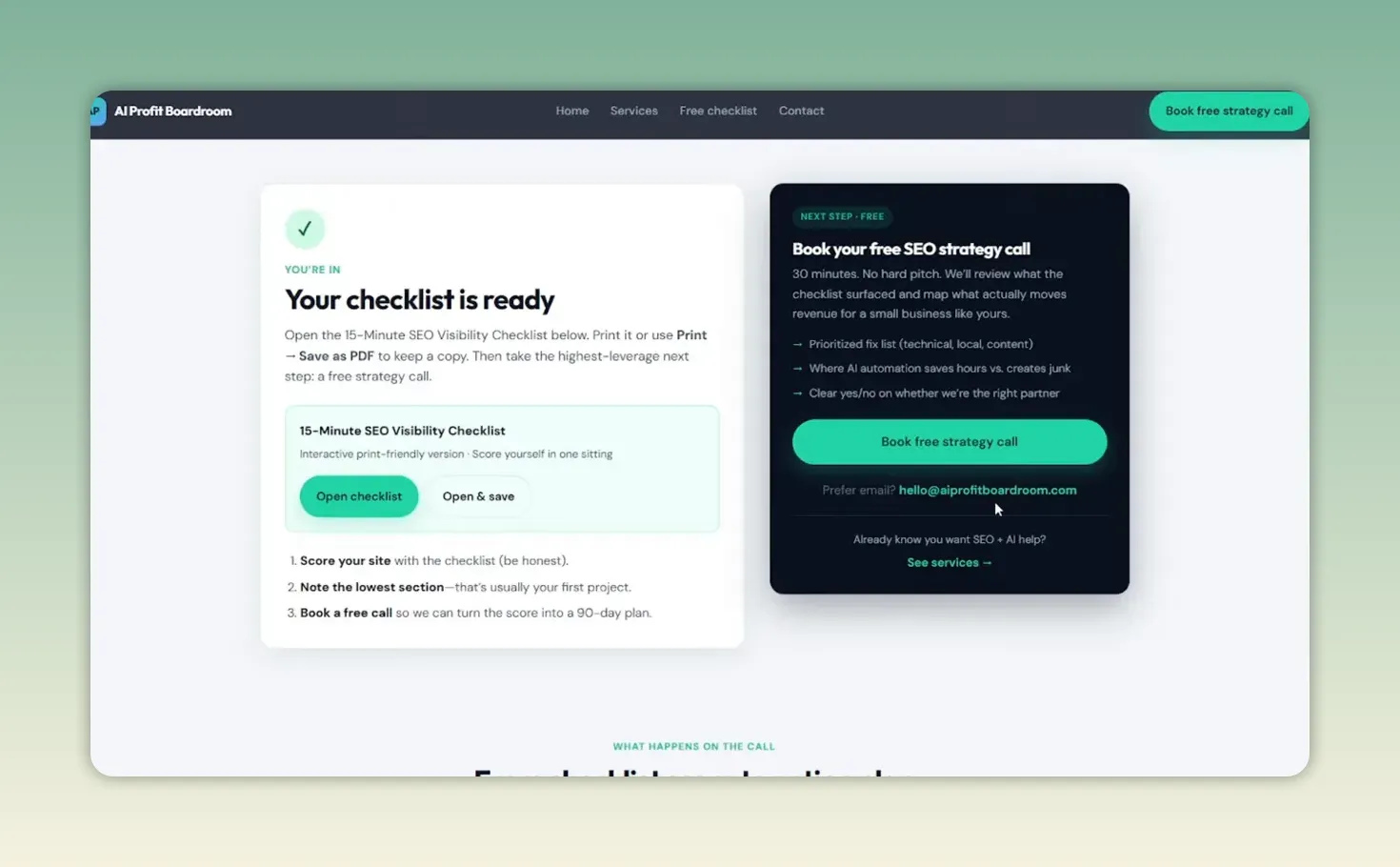 หน้าขอบคุณที่แสดงลิงก์เปิด checklist และปุ่มนัดคุย SEO