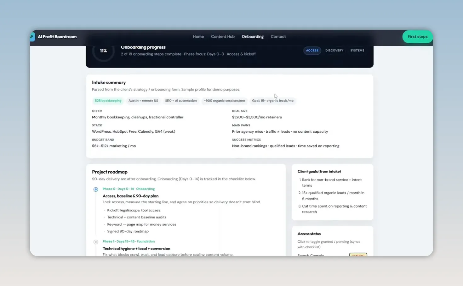 dashboard onboarding แสดงข้อมูลลูกค้าตัวอย่าง แผนโครงการ และความคืบหน้า