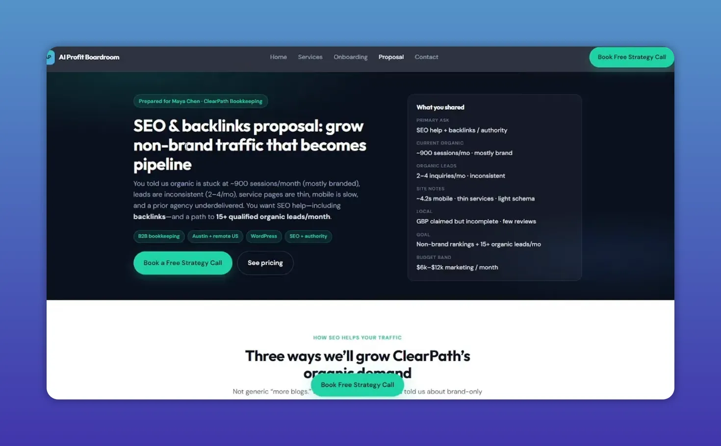 หน้า proposal SEO แสดงข้อมูลสรุปลูกค้าตัวอย่างและปุ่มนัดหมาย