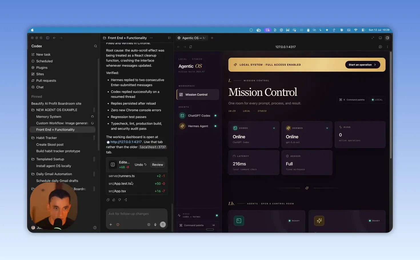 หน้า Mission Control คู่กับข้อความรายงานการแก้แชตในเดโมของผู้สร้าง