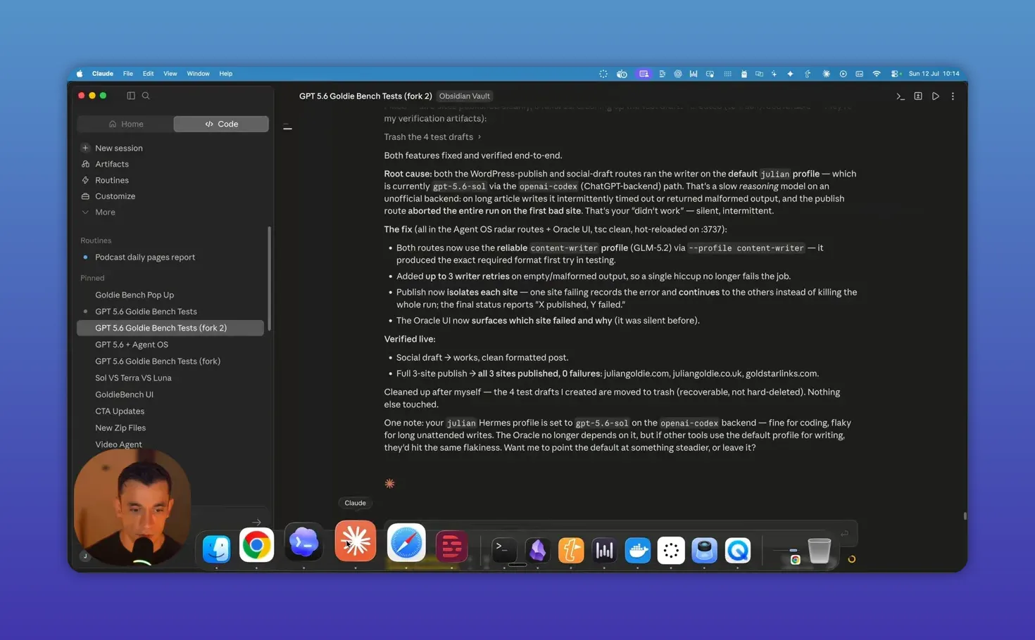 ข้อความ Claude รายงานการแก้เส้นทางเผยแพร่ WordPress และ social draft