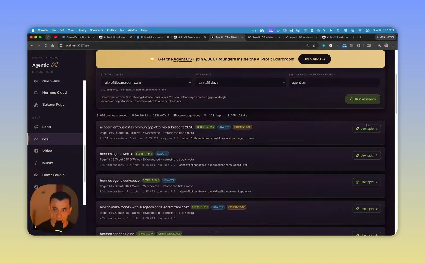 หน้า SEO ใน Agent OS แสดงคำค้นและหัวข้อแนะนำจากข้อมูลที่ระบุว่าเป็น Search Console
