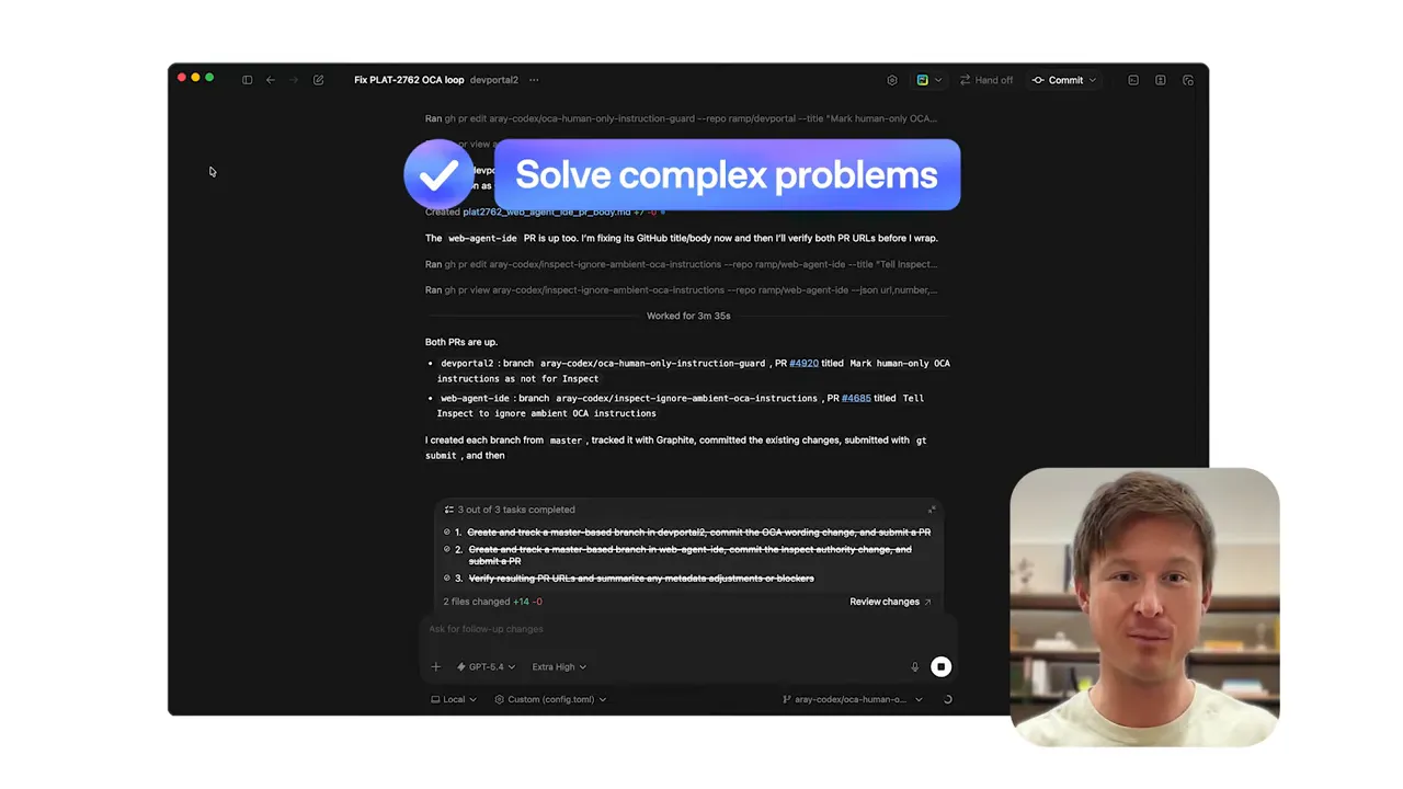 หน้าจอ Codex แสดงรายการงานและข้อความ Solve complex problems พร้อมผู้พูดมุมขวาล่าง