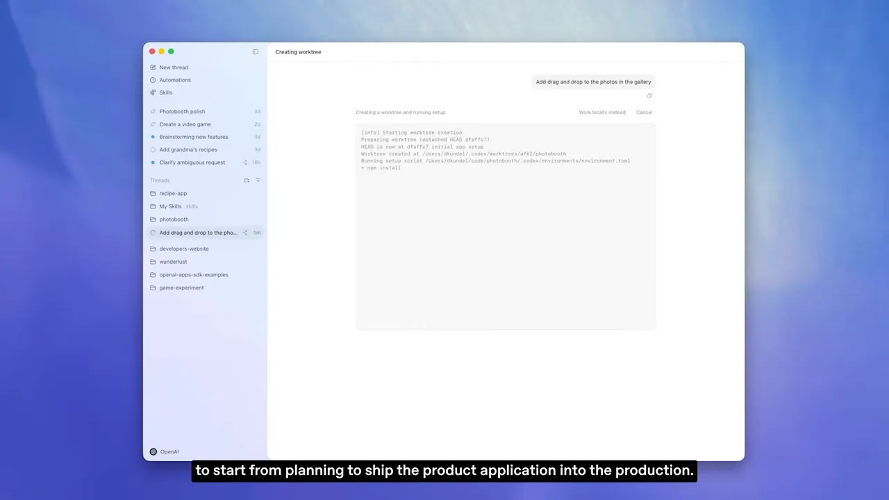 Developer workspace window showing project list, changelog and code area