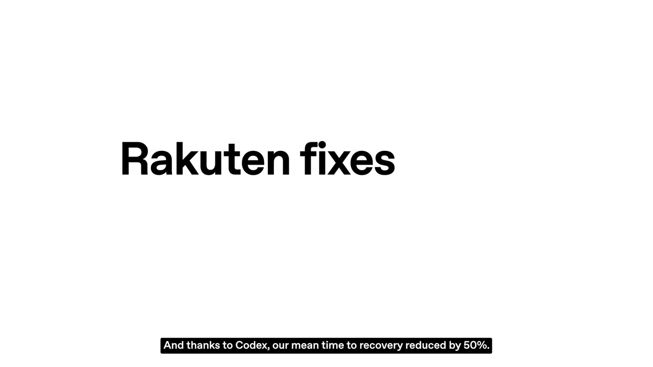 Slide reading 'Rakuten fixes' with subtitle about mean time to recovery reduced by 50%