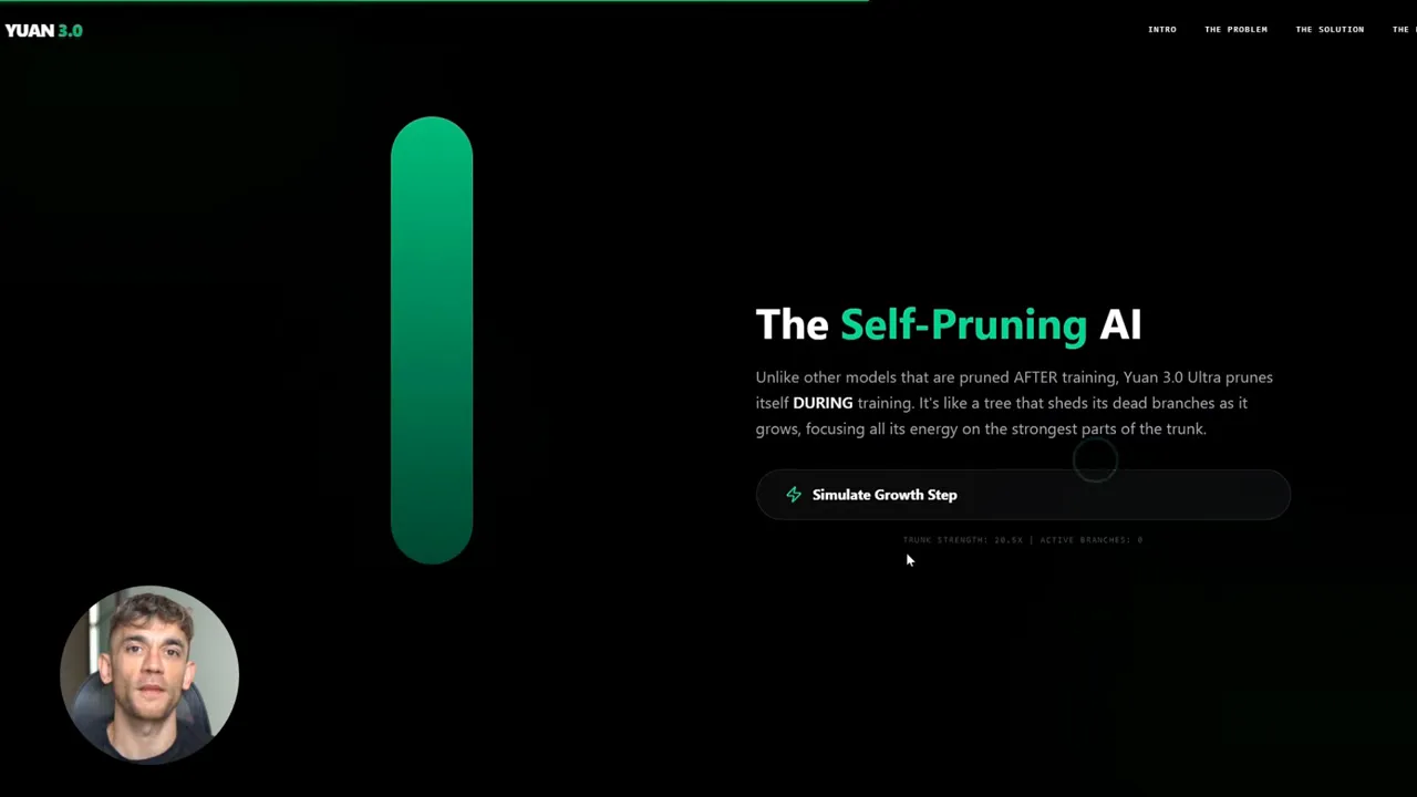 The Self-Pruning AI webpage showing trunk visualization and readable headline