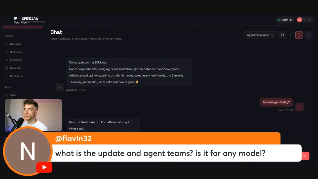 Clear OpenClaw dashboard screenshot showing the chat message “Done. Updated my SOUL.md.” and UI panels