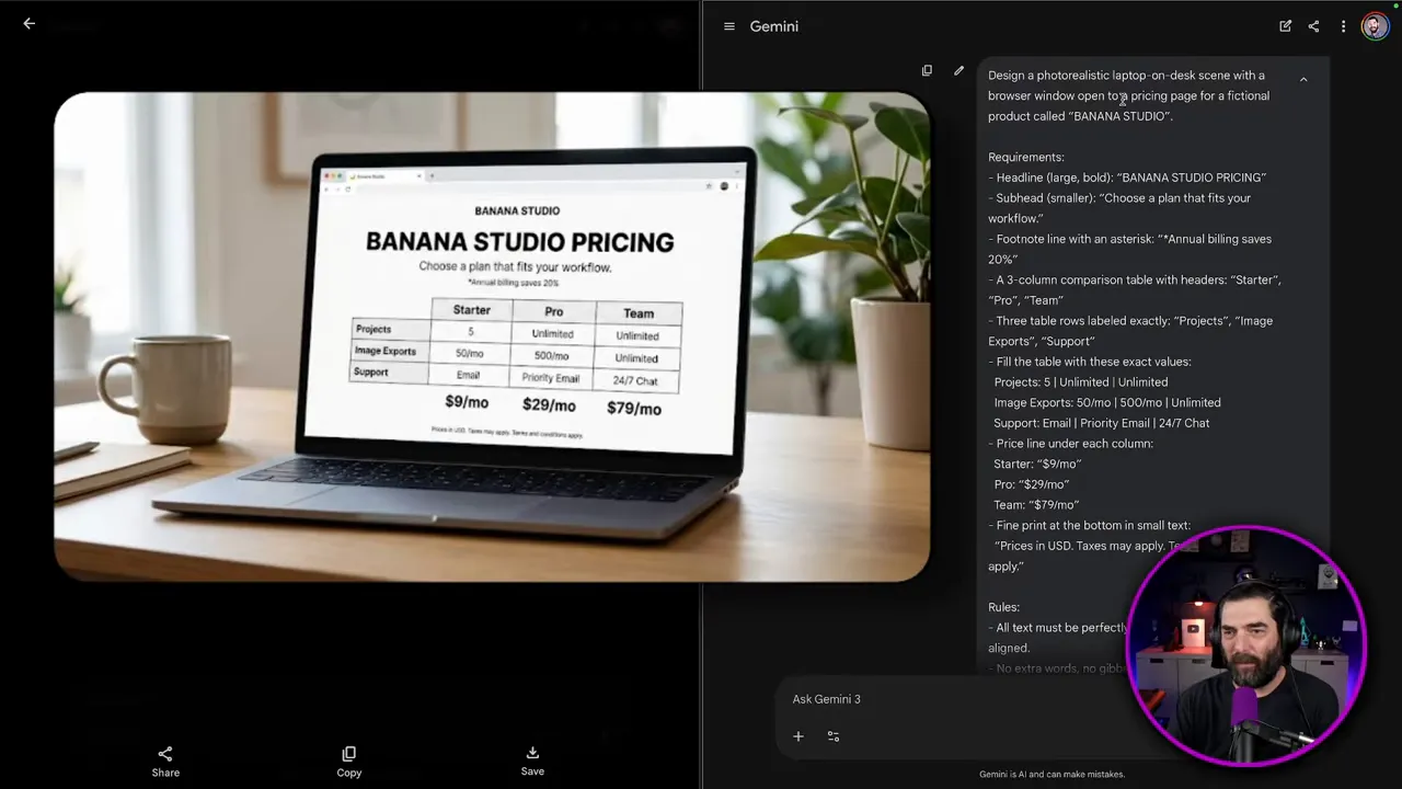 แล็ปท็อปแสดงหน้า BANANA STUDIO PRICING พร้อมตารางราคา ข้อความชัดเจน