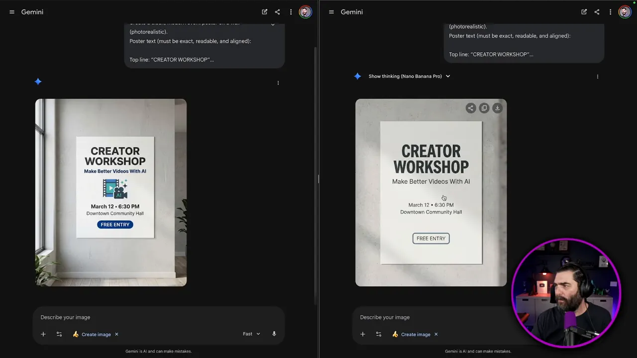 Side-by-side poster comparison in Gemini showing two poster variants and creator webcam