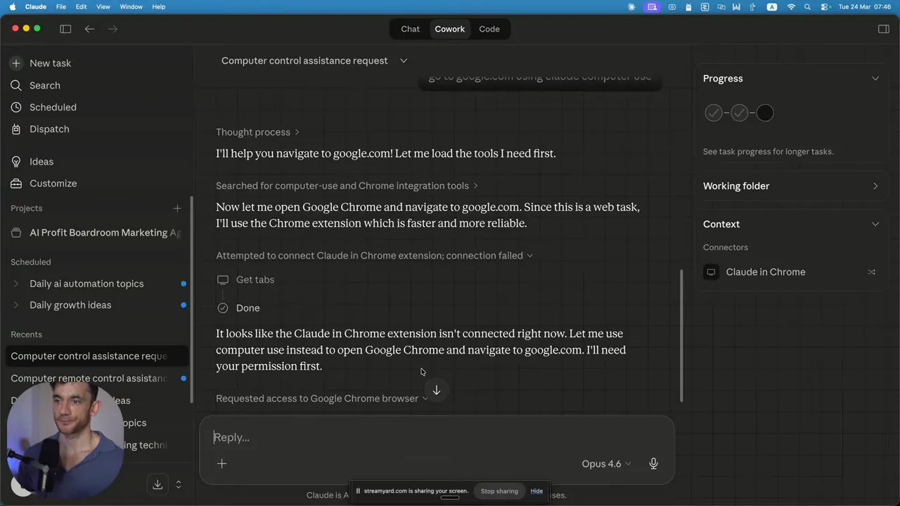 หน้าจอ Claude Computer Use ขออนุญาตเข้าถึงเพื่อเปิด Google Chrome และทำงานบน macOS