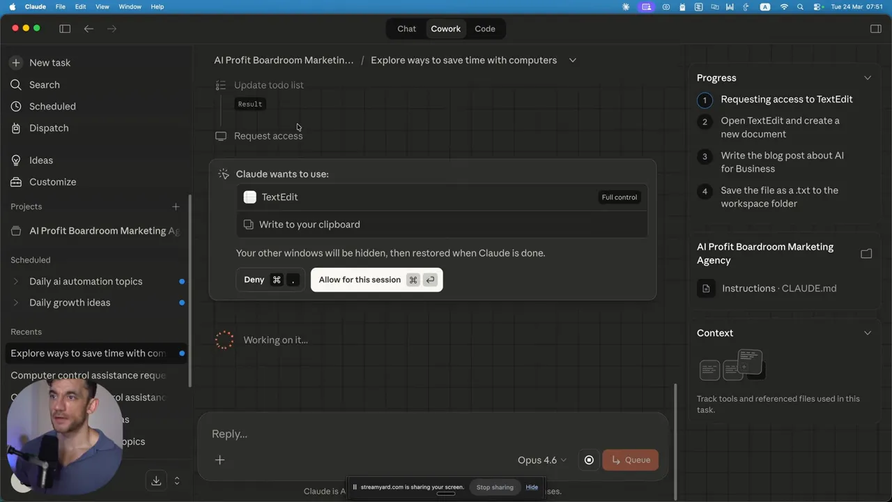 หน้าจอ Claude Computer Use แสดงคำขออนุญาตเข้าถึง TextEdit พร้อมปุ่ม Allow/Deny บน macOS