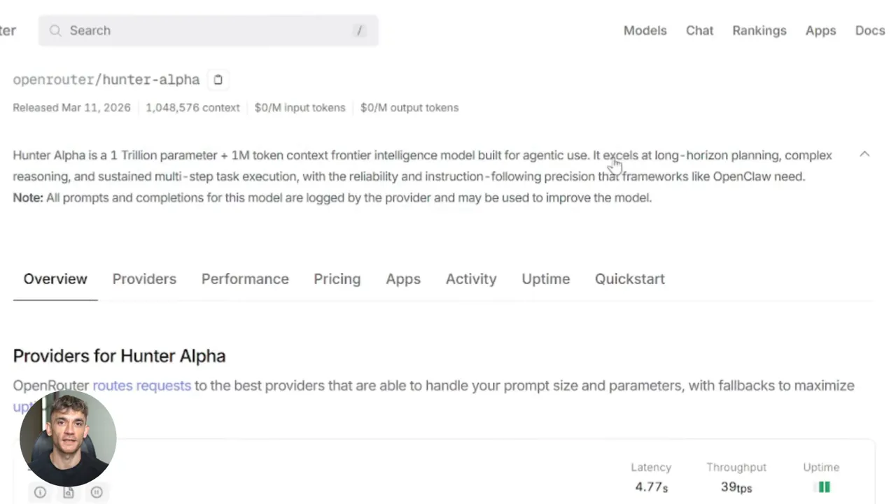 OpenRouter Hunter Alpha overview with context size and basic metrics visible