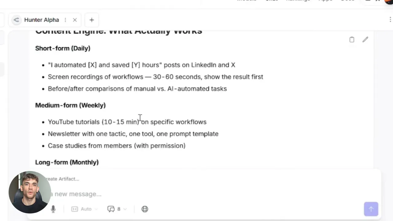 Clear screenshot of 'Content Engine: What Actually Works' showing short-form and medium-form bullet list with presenter thumbnail
