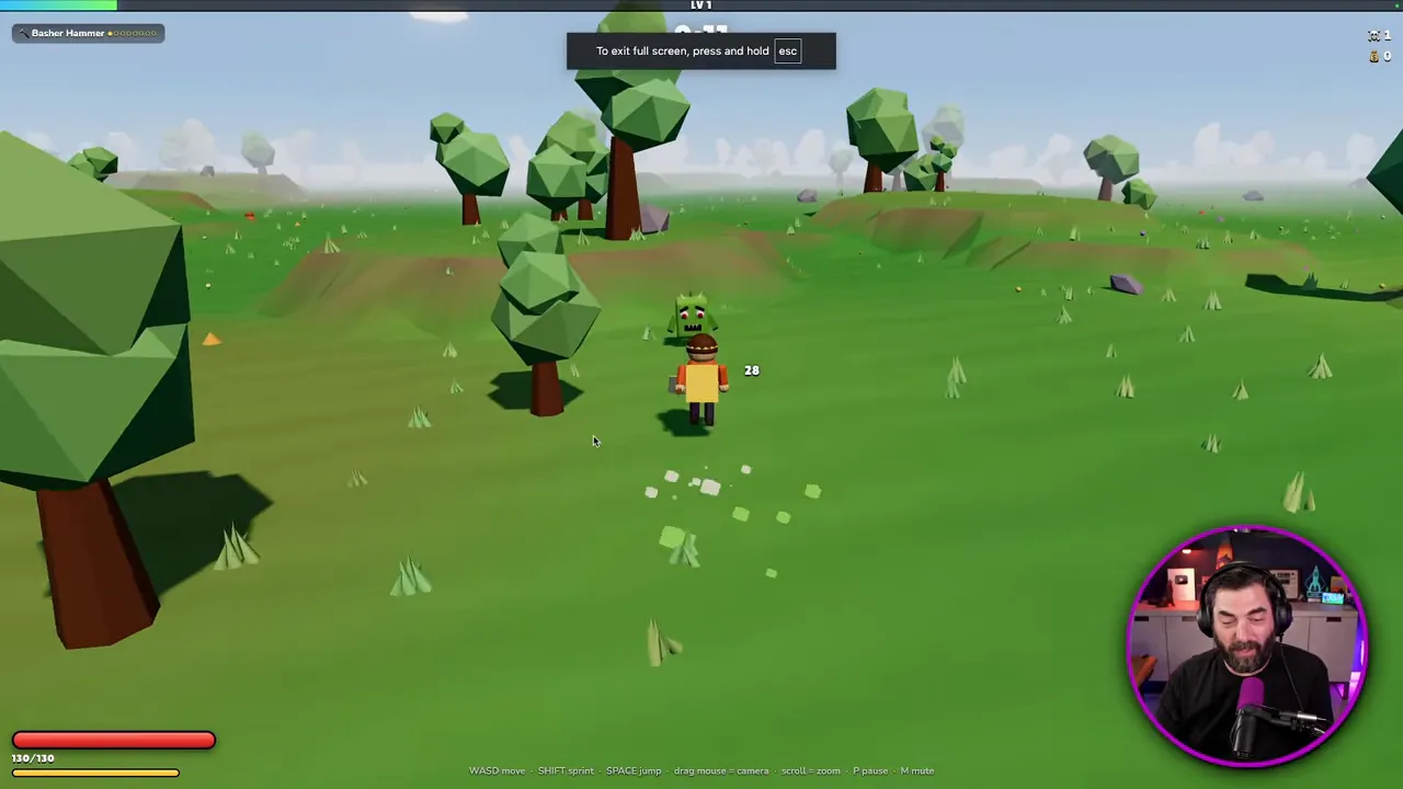 หน้าจอเกมสามมิติสีเขียวมีตัวละครและต้นไม้กระจายอยู่ในฉาก