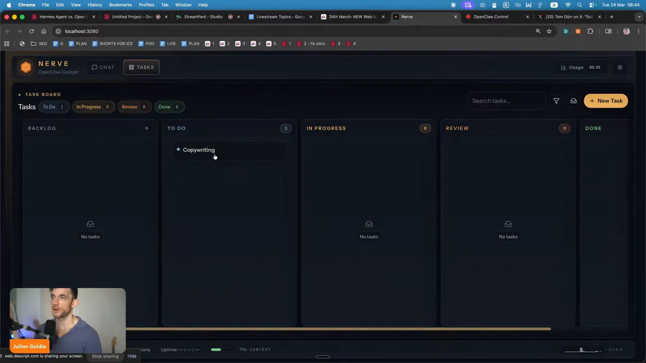 แดชบอร์ด Nerve Task board จัดงานเป็น To Do, In Progress, Review และ Done