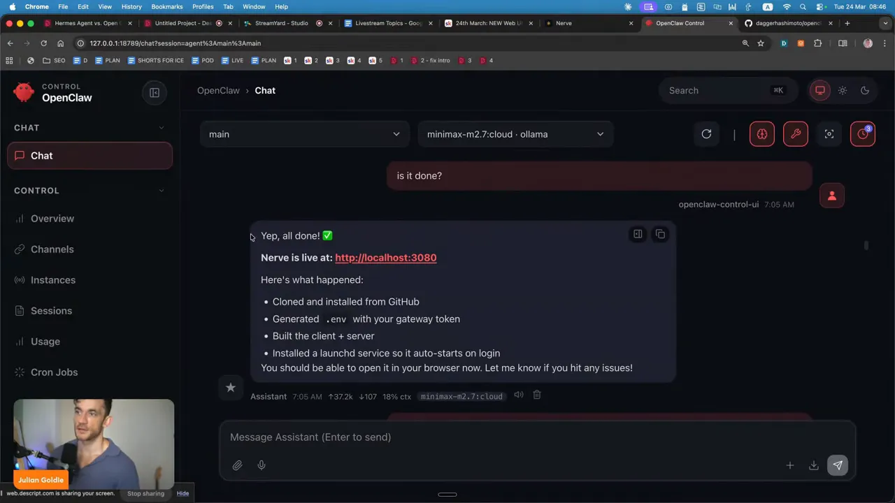 ภาพหน้าจอ Nerve ของ OpenClaw แสดงข้อความว่ายืนยันว่าเปิดใช้งานแล้วและมีลิงก์ localhost