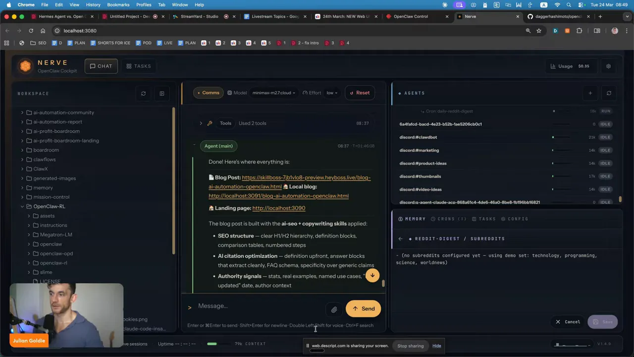 หน้าควบคุม Nerve แสดงสรุปการทำงานของเอเจนต์และลิงก์ localhost