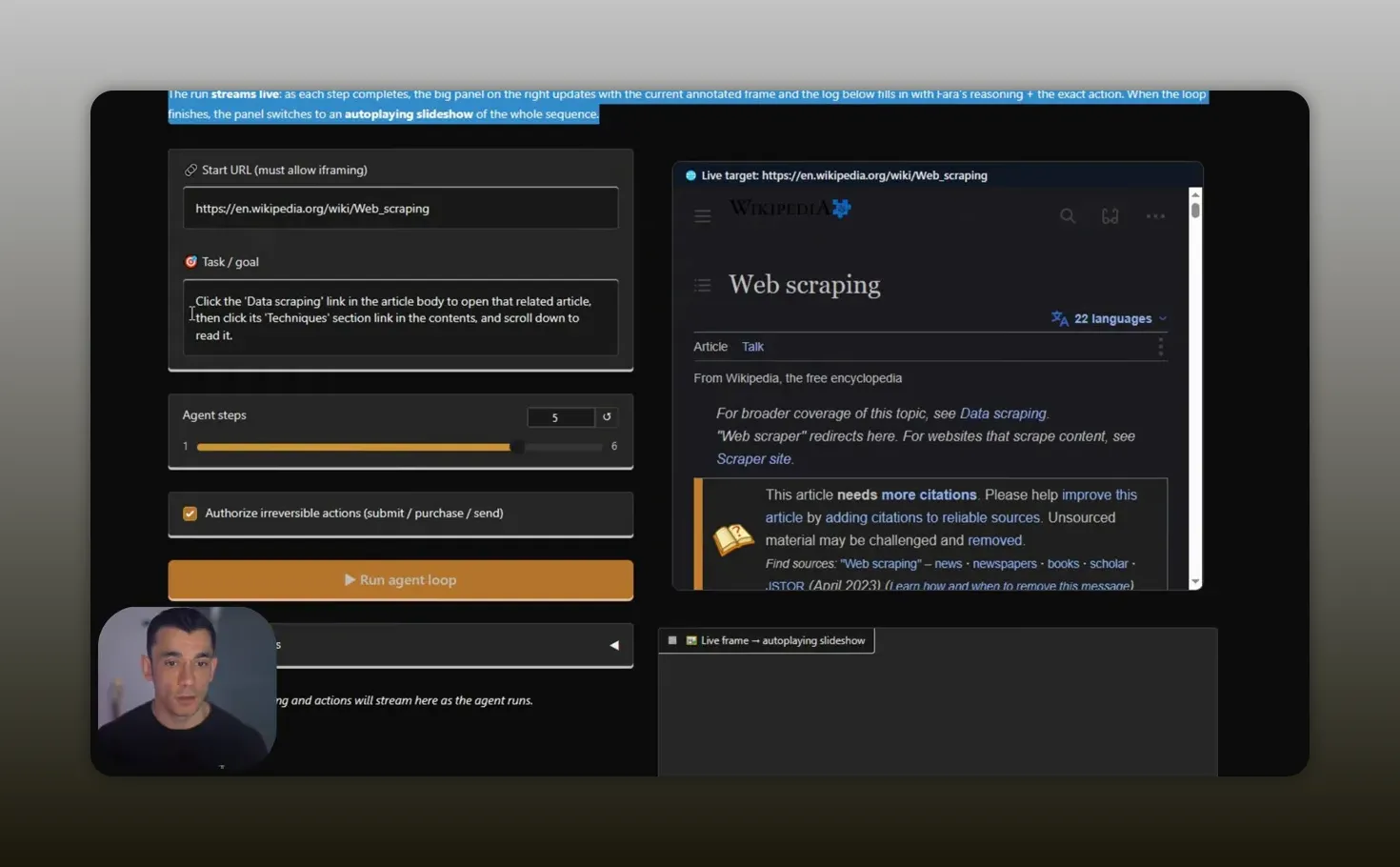 หน้าจอ Fara multi-step browser agent มีช่องเป้าหมายและการตั้งค่า step