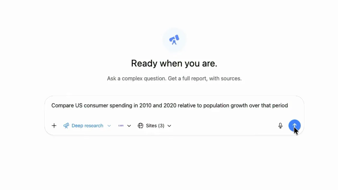 อินเทอร์เฟซ Deep Research ของ ChatGPT แสดงข้อความ 'Ready when you are' กล่องคำถามตัวอย่าง และตัวเลือก Deep research กับ Sites (3)