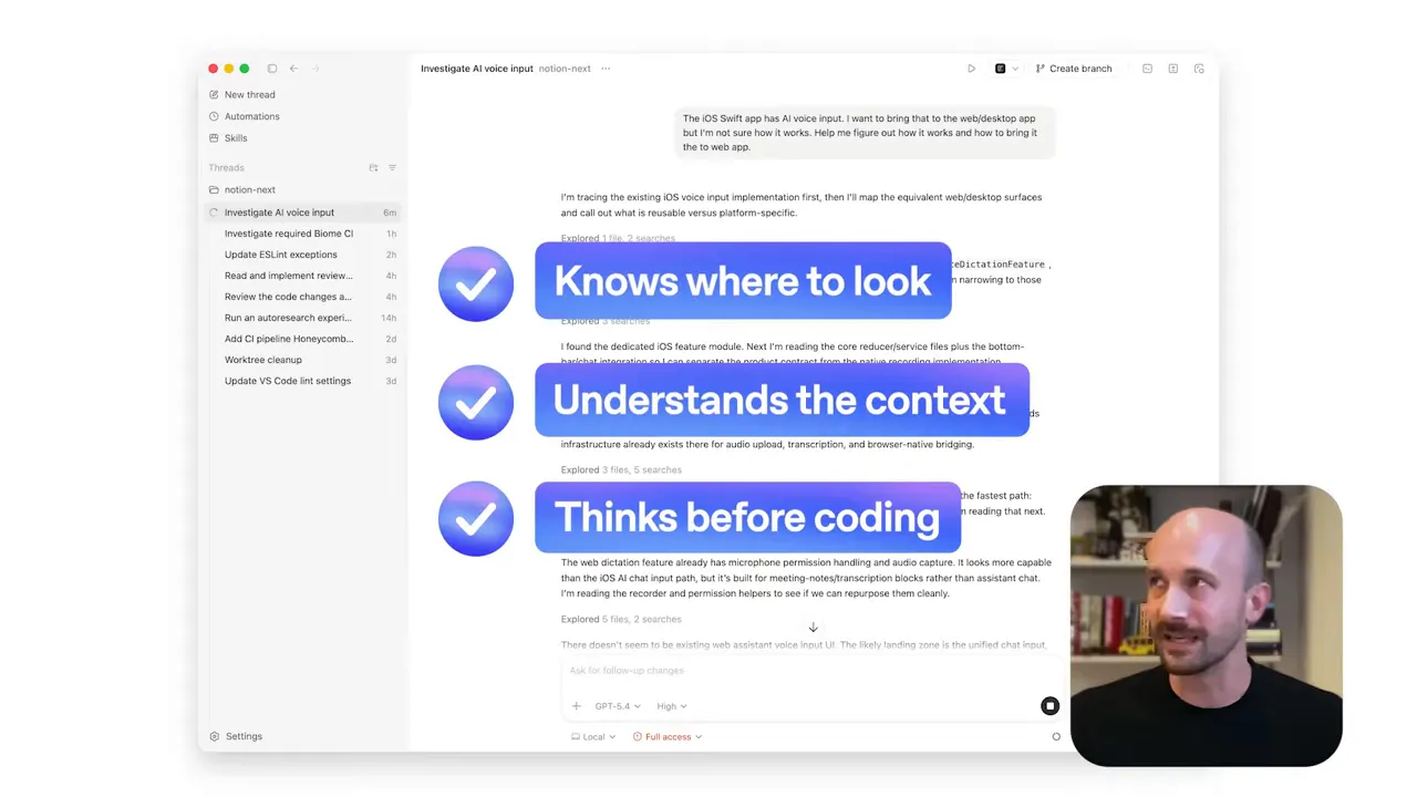 หน้าจอเอกสารแชทพร้อมกราฟิกสรุป “Knows where to look”, “Understands the context” และ “Thinks before coding”