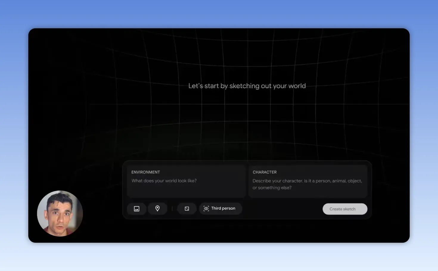 หน้าจออินเทอร์เฟซ Project Genie พร้อมช่องอธิบาย environment และปุ่มเลือกมุมมอง